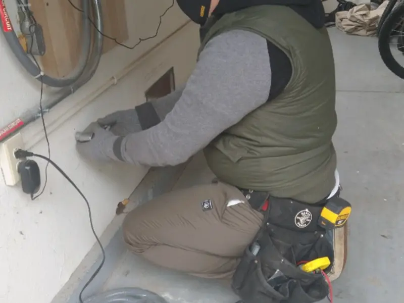 Electrician performing outlet wiring in a Lochsloy garage